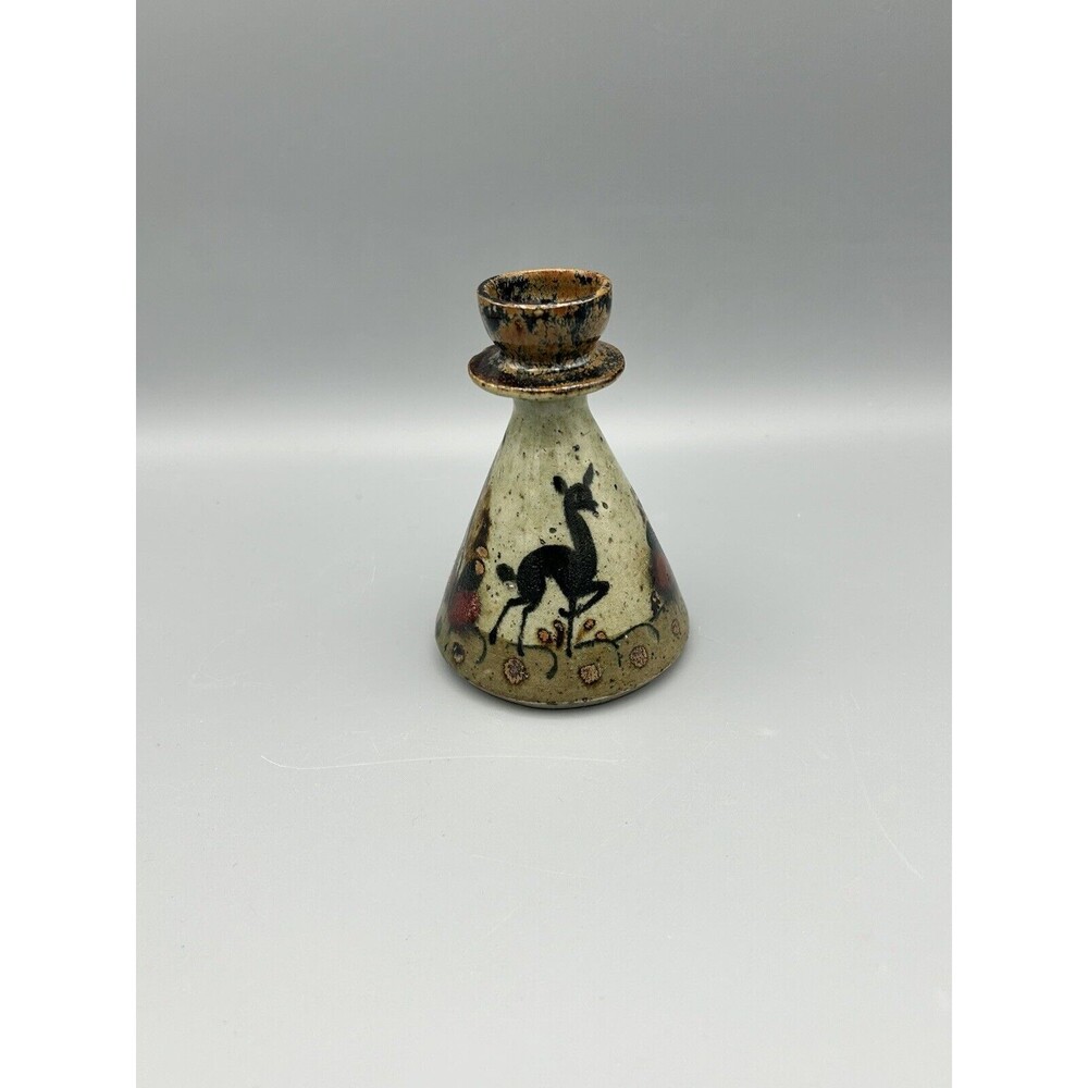 Vintage Folklore Deer Candle Holder Bud Vase Mexico Tonala Stoneware